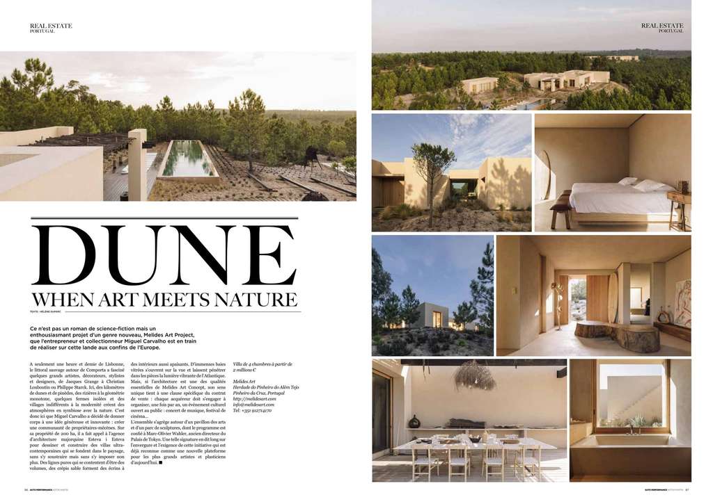 Aston Martin Magazine article spread titled Dune, When Art Meets Nature, with villa photos
