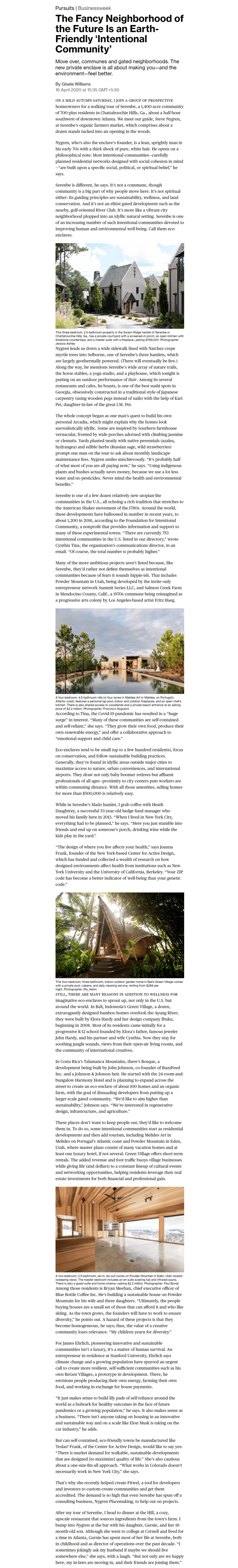 Bloomberg article page, a long narrow scroll with text and architecture photos