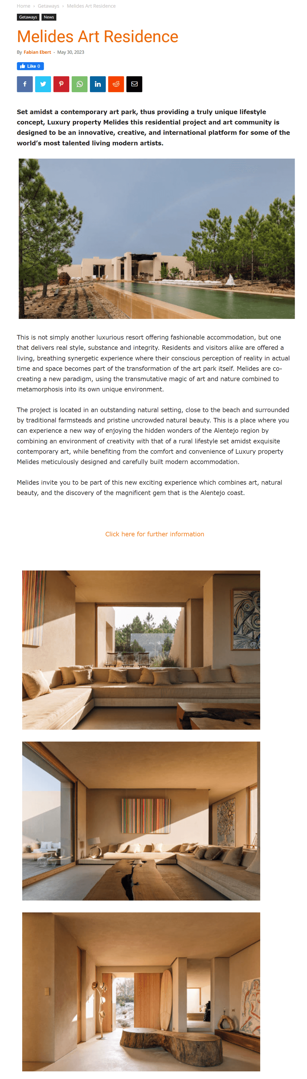 Collectors Car World online article on the Melides Art Residence, with villa photos