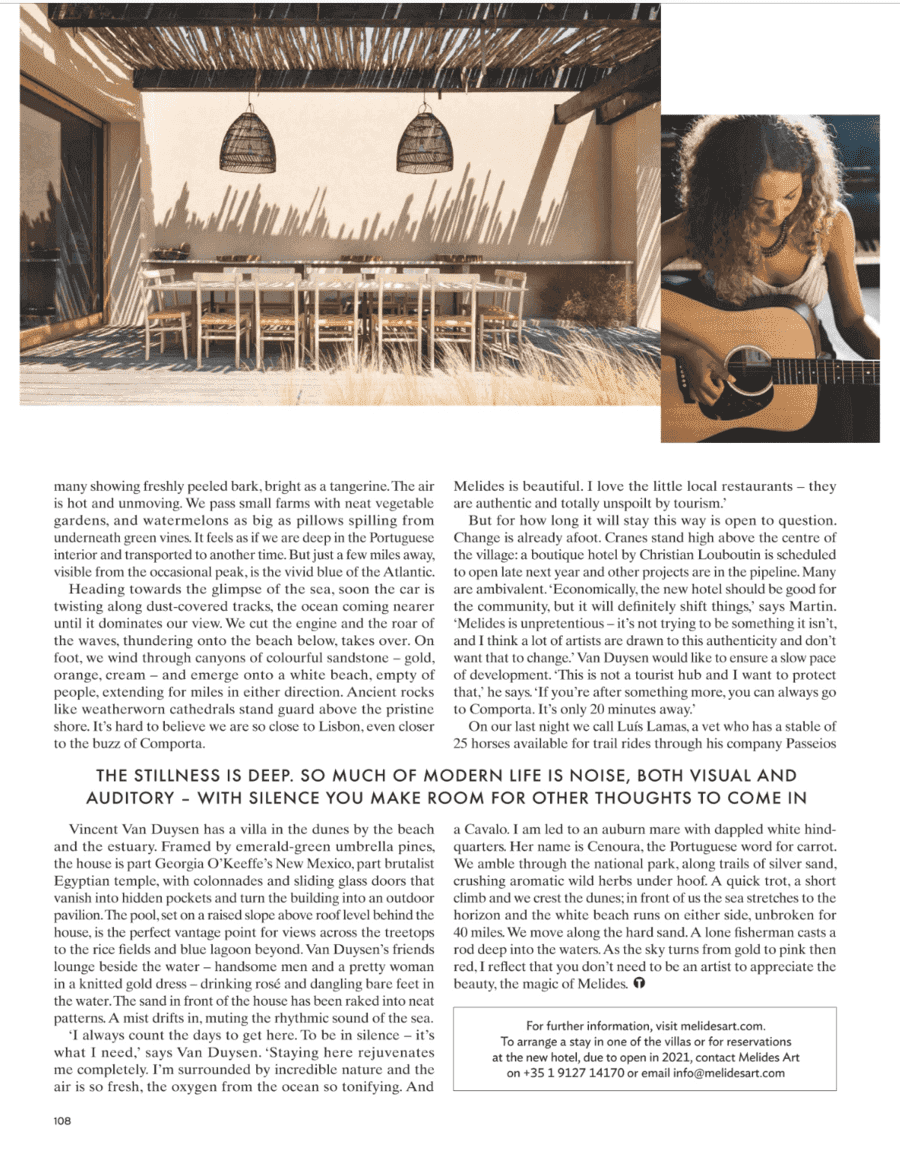 Conde Nast Traveller page with an open-air dining area and a woman playing guitar