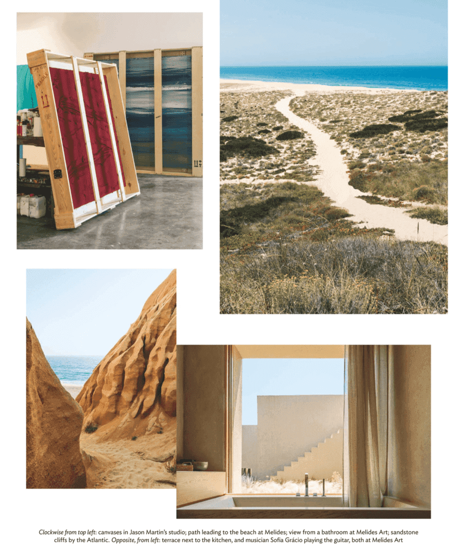 Conde Nast Traveller page with a studio, beach dunes and a sea-view bathroom