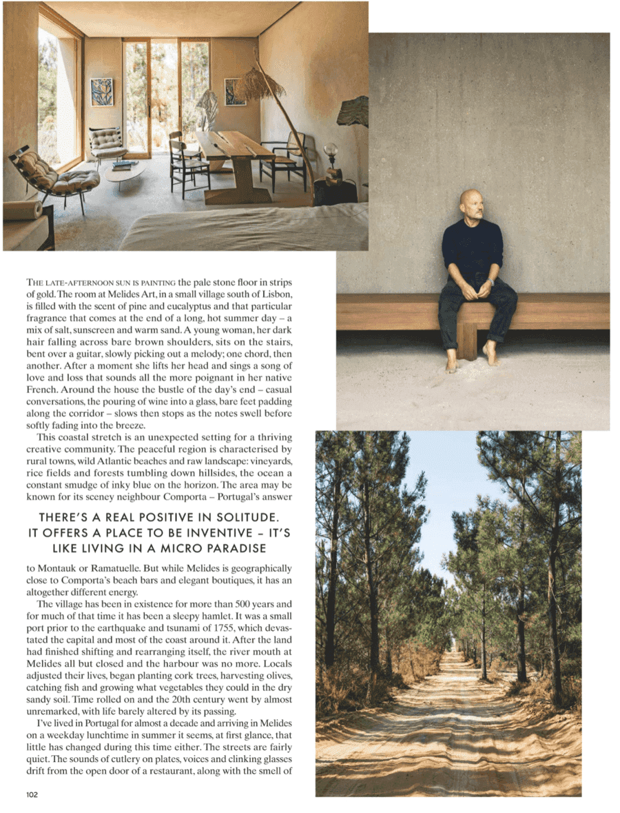 Conde Nast Traveller page with interior, seated man and pine forest photos