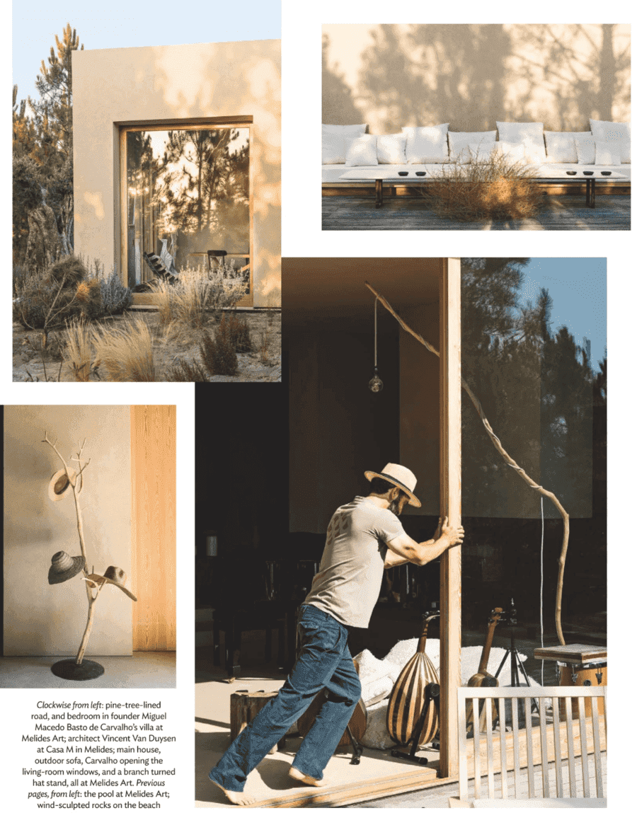 Conde Nast Traveller page with a man opening a wooden door, and artworks