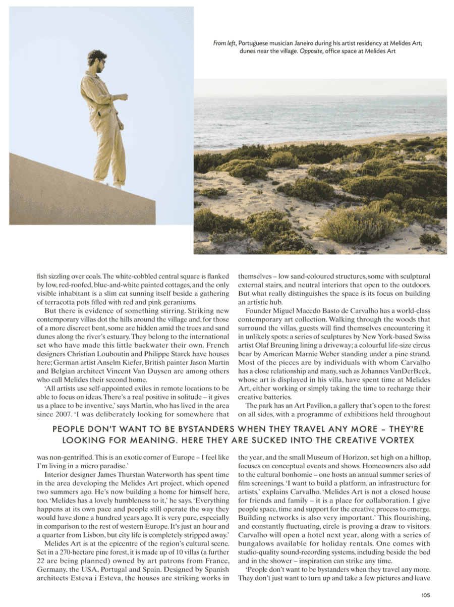 Conde Nast Traveller page with a man walking, a coast photo and text