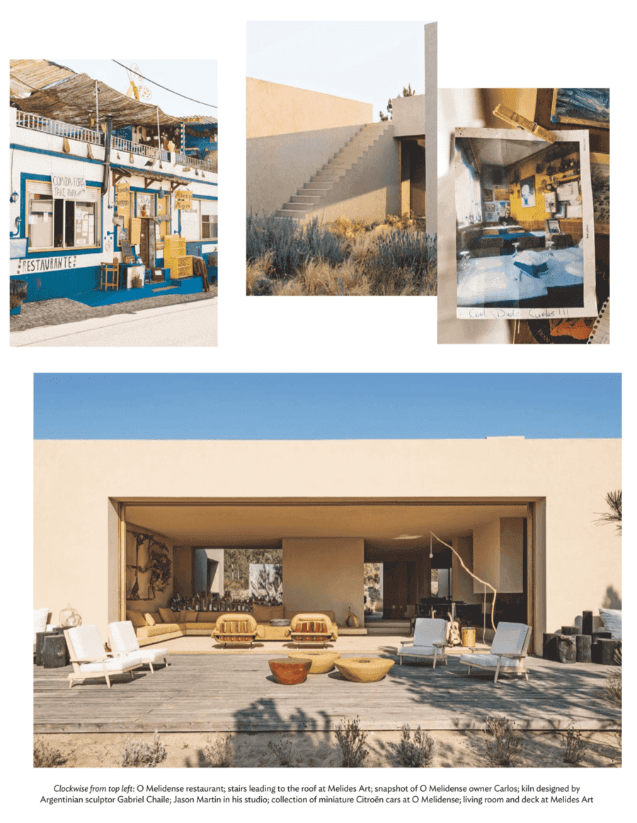 Conde Nast Traveller page with beach restaurant, sandy house and outdoor lounge photos