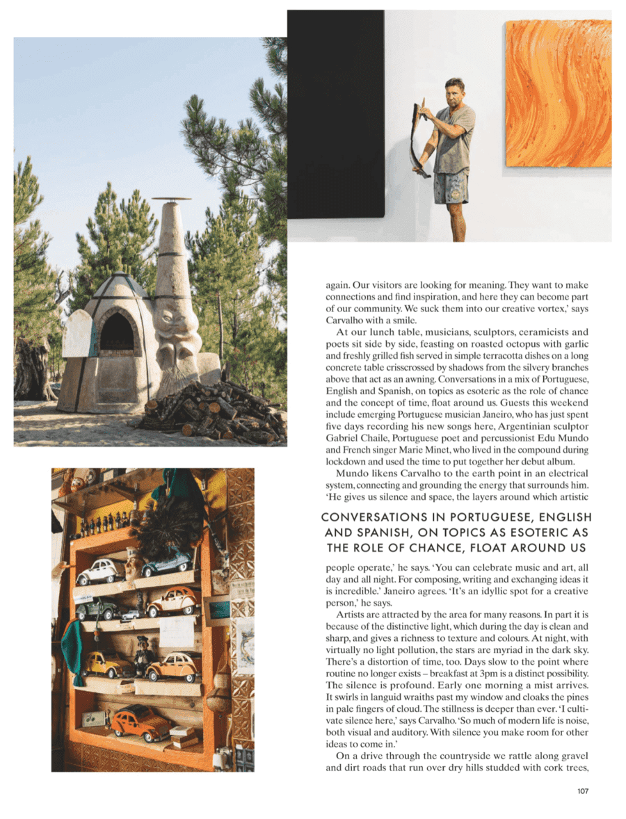 Conde Nast Traveller page with a brick oven, a man by orange artwork and miniature cars