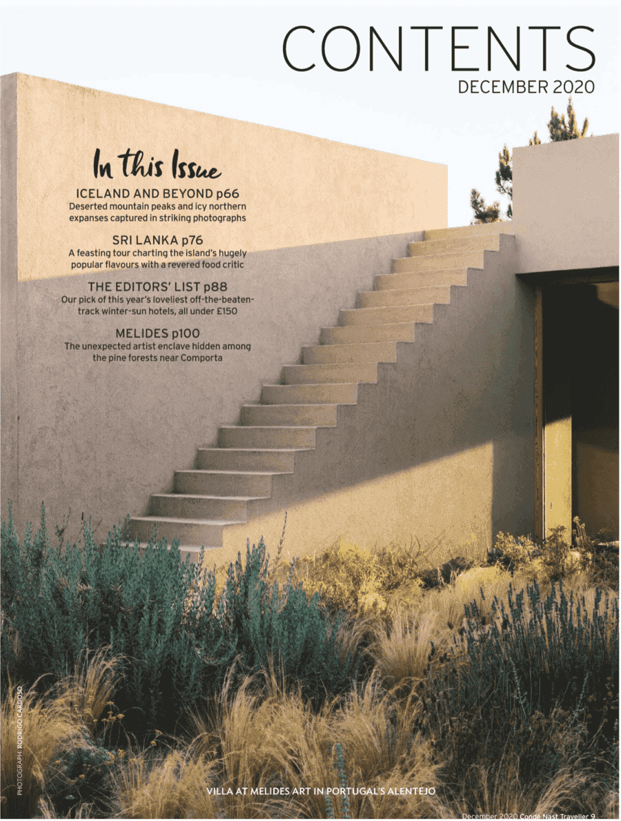 Conde Nast Traveller December 2020 contents page with a Melides Arts house and staircase