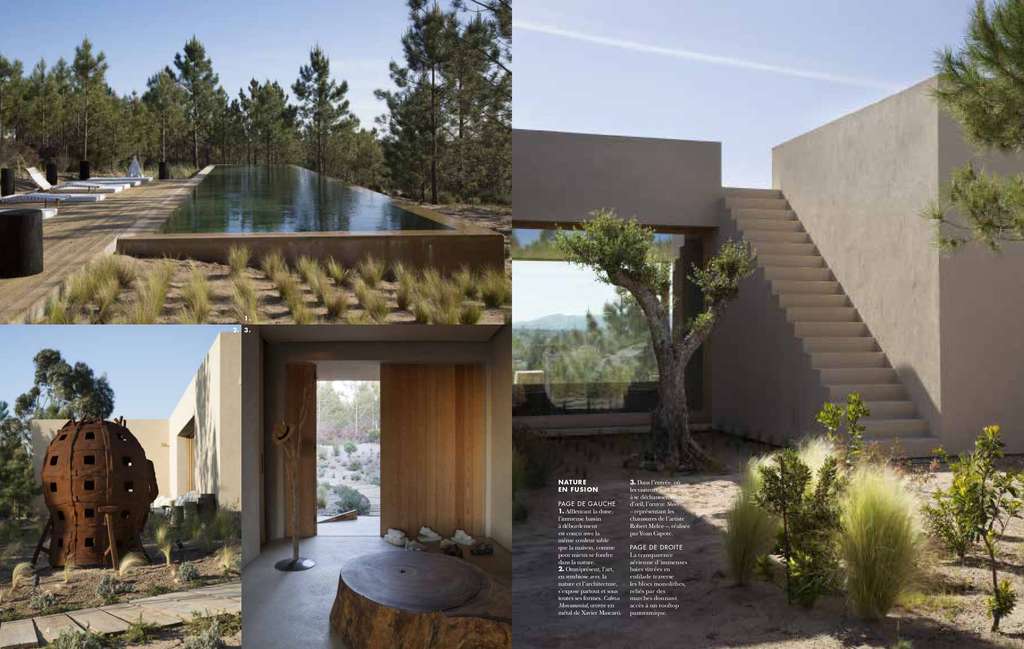 Cote Sud magazine spread with pool, courtyard stairs and a rust-colored sculpture