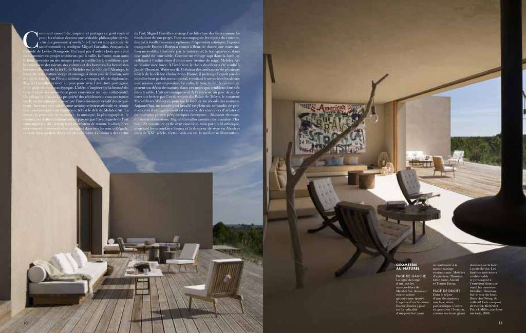 Cote Sud magazine spread with a terrace, lounge chairs and an interior with colorful artwork