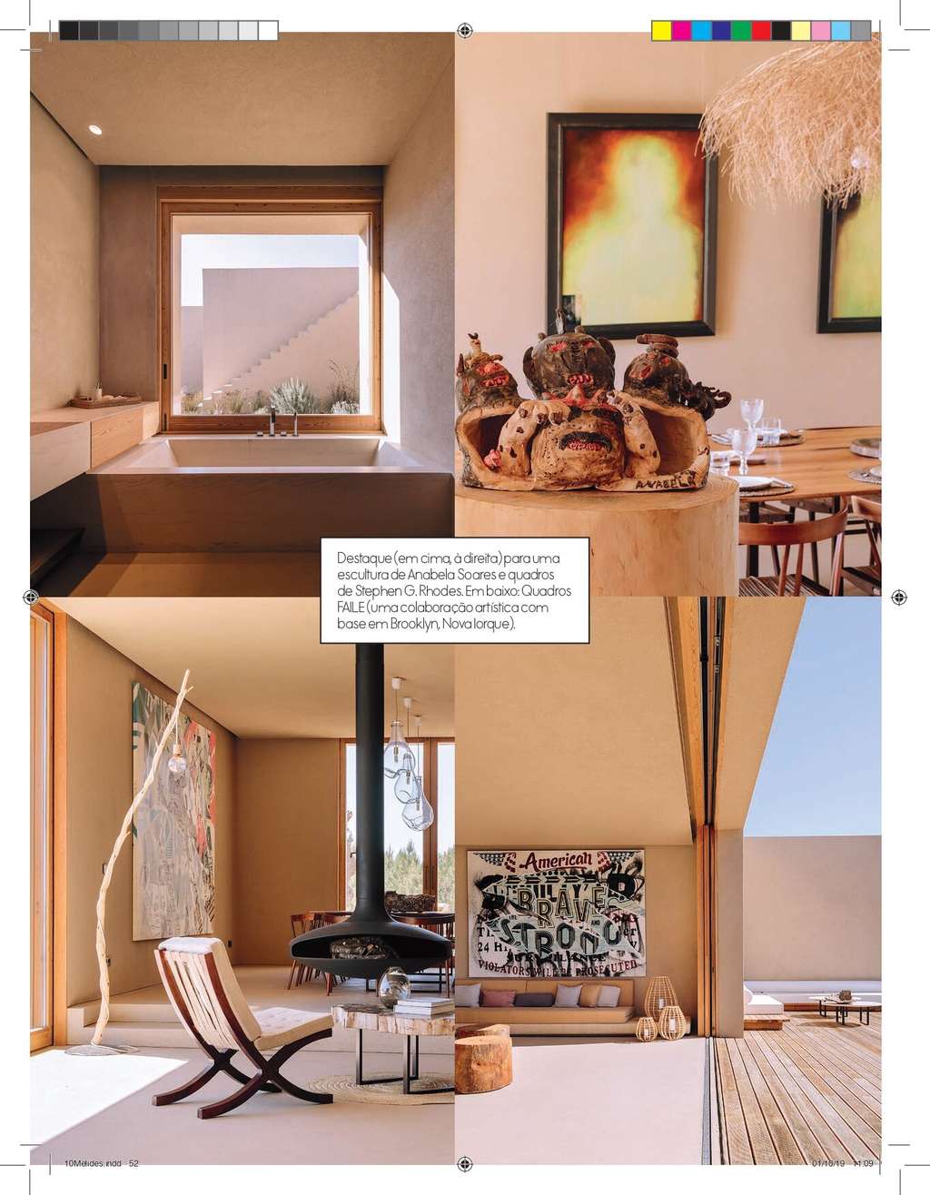 Elle Decoration page with a bathroom window, colorful artworks and a fireplace lounge