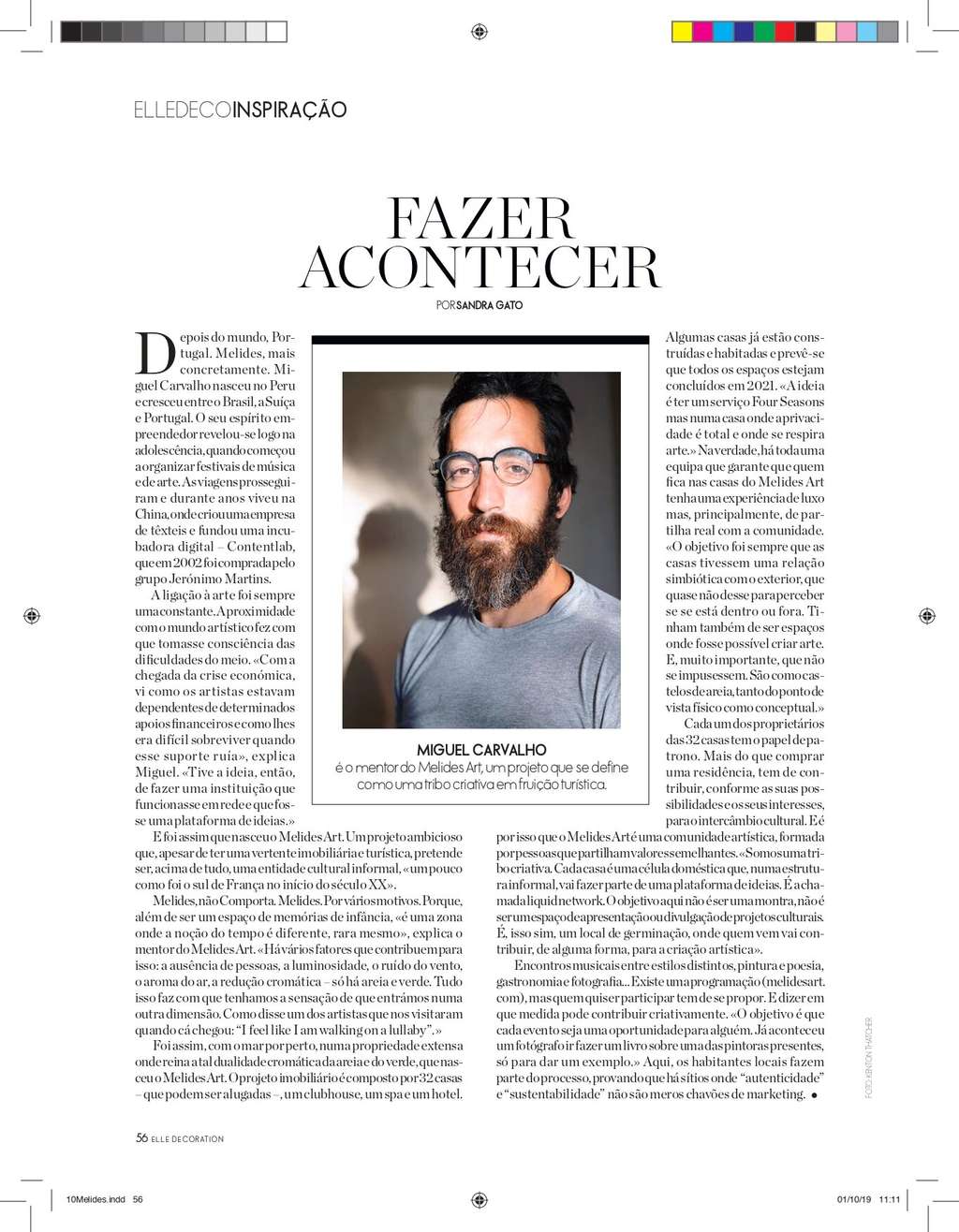 Elle Decoration article page titled Fazer Acontecer with a portrait of a bearded man
