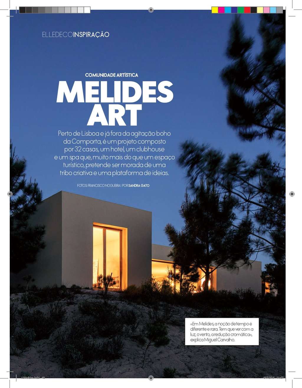 Elle Decoration opening page titled Melides Art with a lit house at dusk