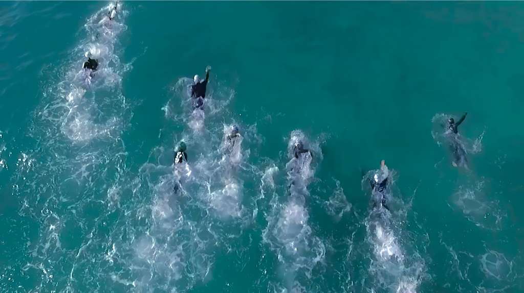 Aerial view of swimmers crossing turquoise sea water