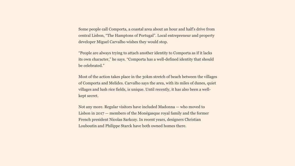Financial Times article text page about Comporta, with several paragraphs