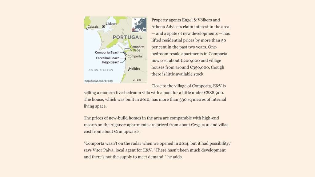 Financial Times article page with a map of Portugal and text columns