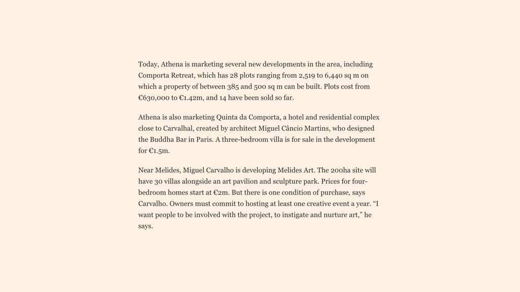 Financial Times article text page about property developments near Melides