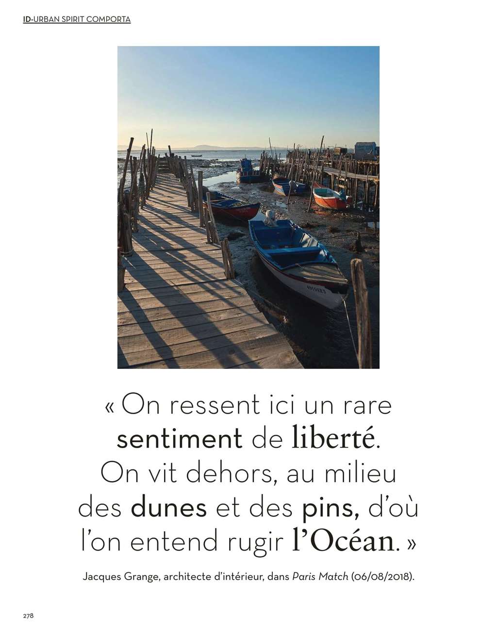 Ideat magazine page with a photo of fishing boats at a dock and a French quote
