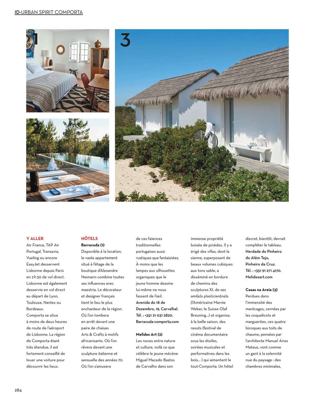 Ideat magazine page with thatched-roof houses, a bedroom and French text