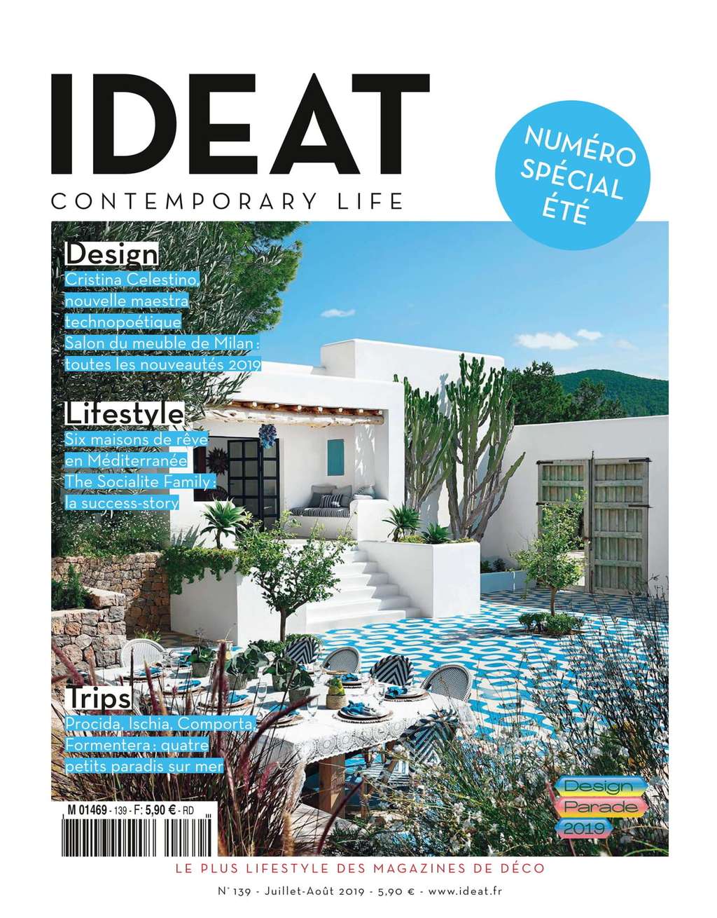 Cover of Ideat magazine with a white Mediterranean house and blue-tiled terrace