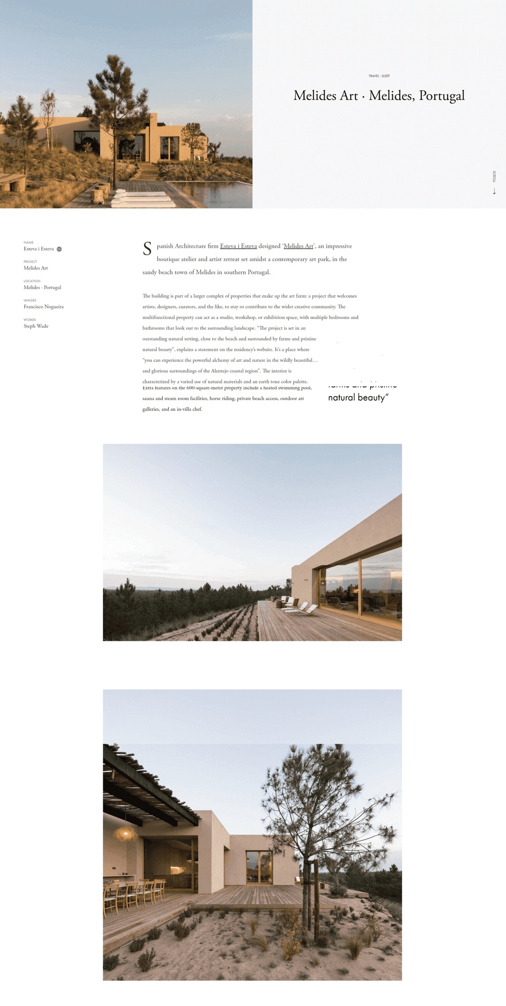 Ignant article page titled Melides Art, Melides, Portugal, with house photos