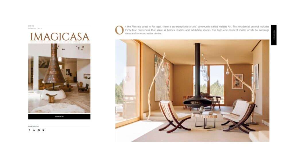 Imagicasa article page with a magazine cover and a living room with a fireplace