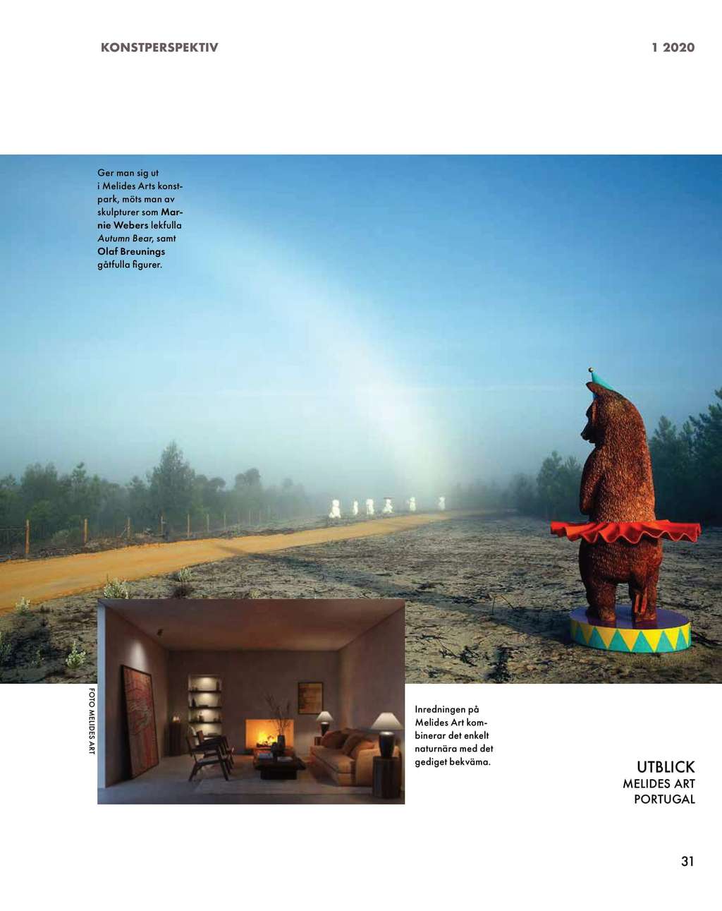 Konstutopi article page with a bear sculpture in misty fields and a fireplace room