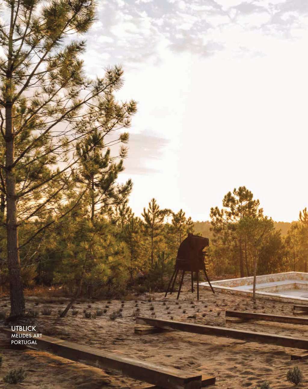 Konstutopi cover photo of a sculpture and wooden decking at sunset among pines