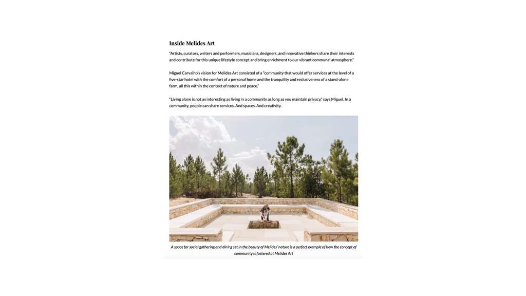 Love Happens article page titled Inside Melides Art, with a stone seating circle among pines
