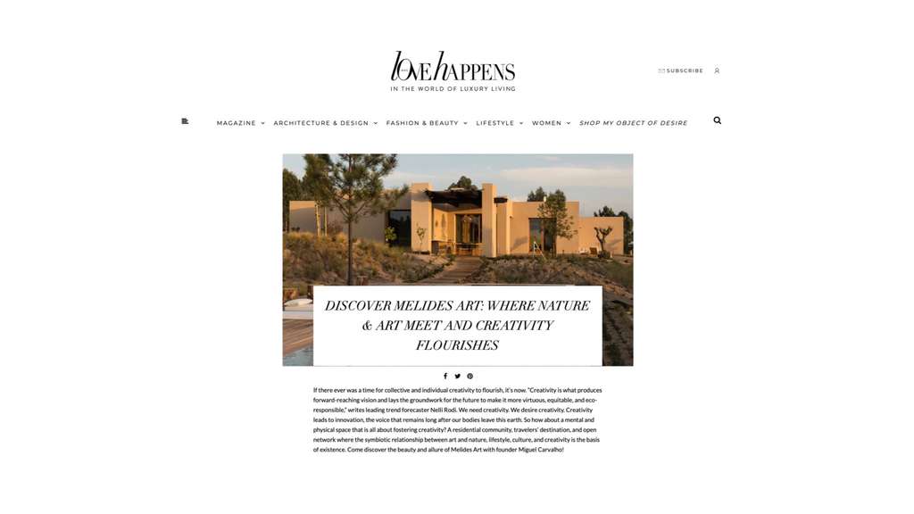Love Happens web article headline Discover Melides Art, with a house photo
