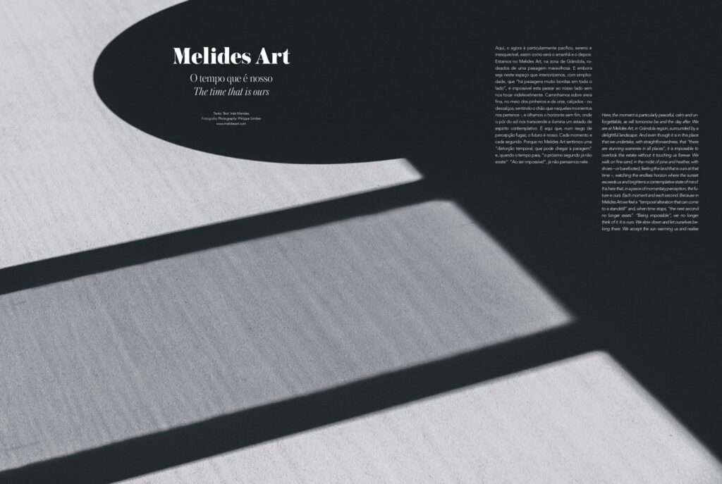 Roof magazine opening spread titled Melides Art, with a shadow on a wall