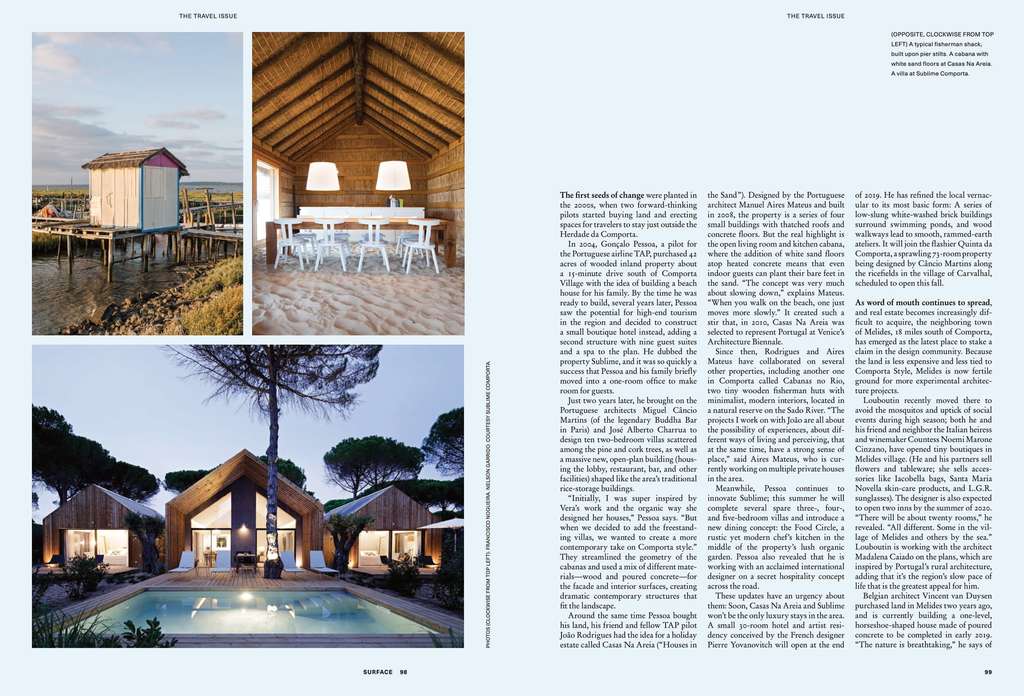 Surface magazine spread with villa, wooden interior and pool photos beside text