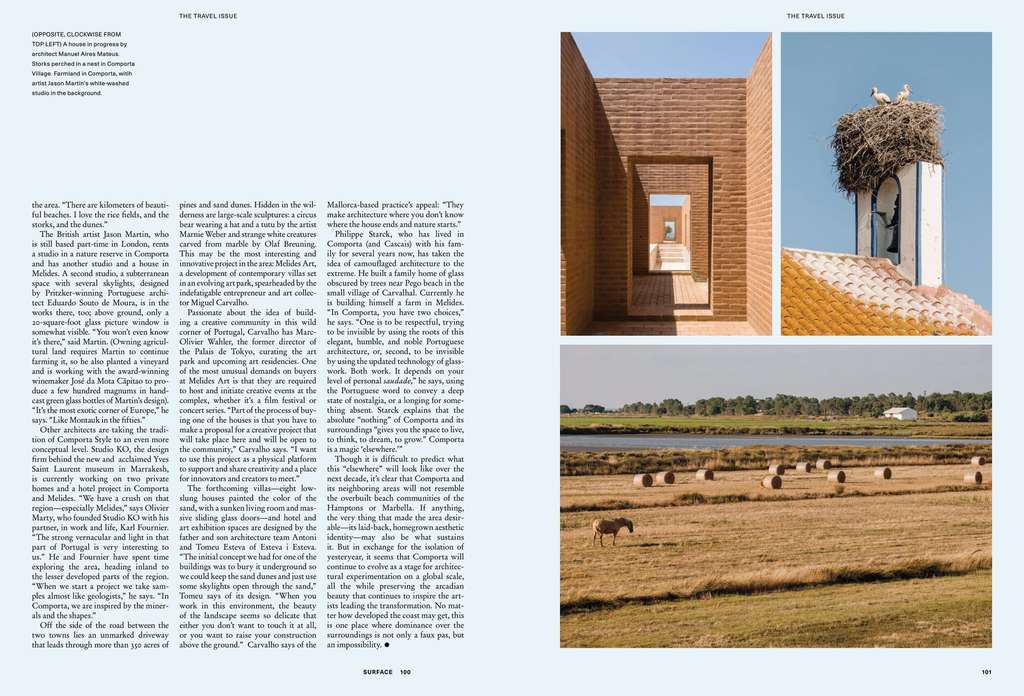 Surface magazine spread with a courtyard doorway, a stork nest and a horse in a field