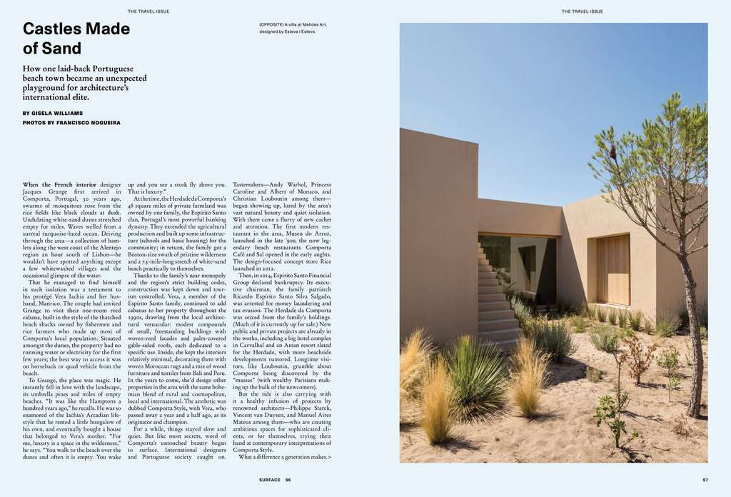 Surface magazine opening spread titled Castles Made of Sand, with a house in dunes