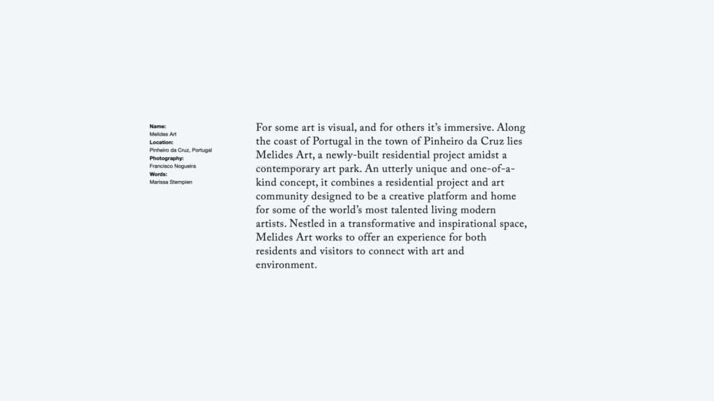 Visual Pleasure article page with credits and a paragraph about Melides Art