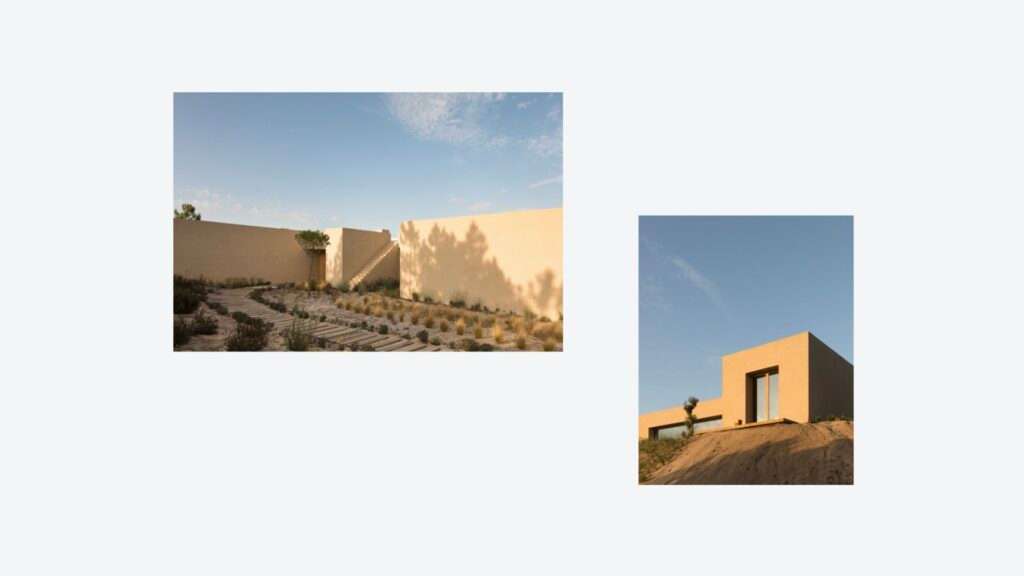 Visual Pleasure page with two photos of sand-colored walls and a house