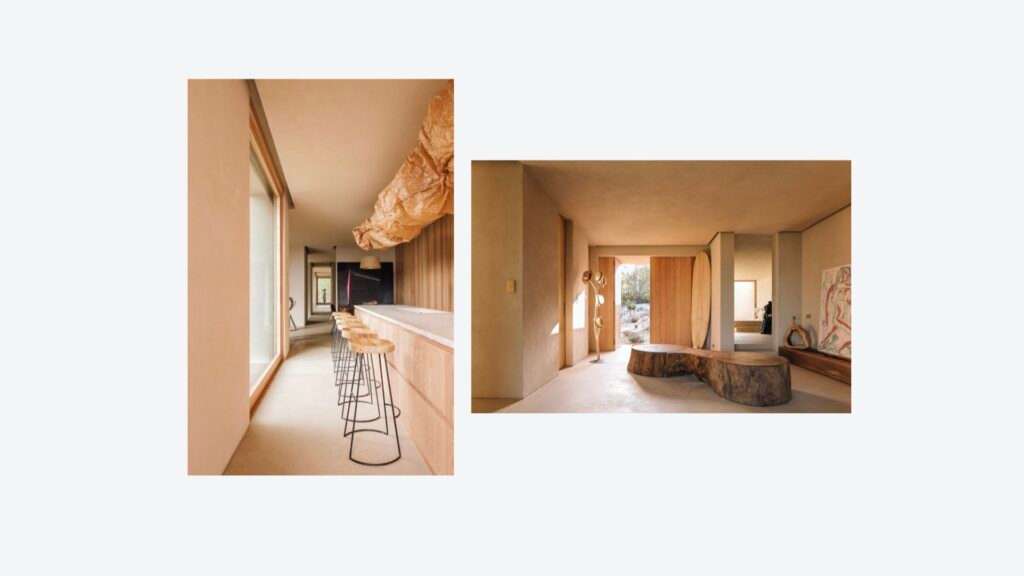 Visual Pleasure page with a kitchen island and a living room with a tree-trunk bench