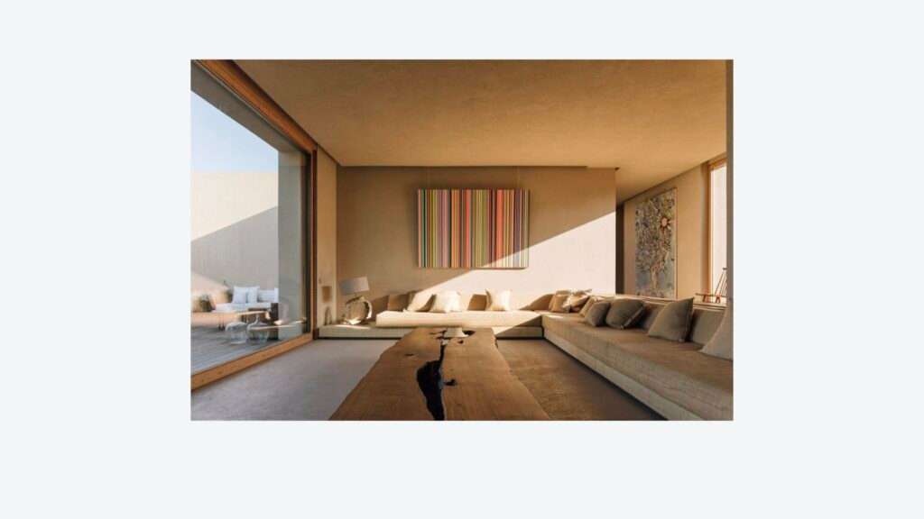Visual Pleasure page with a living room with a striped artwork and long sofa
