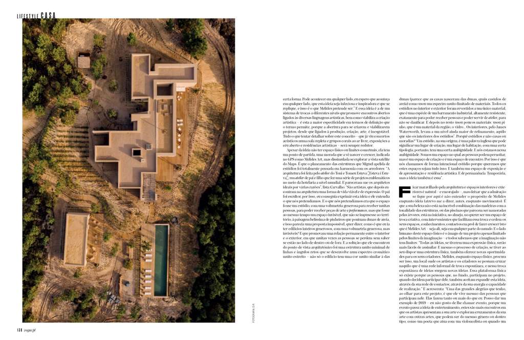 Vogue Portugal article spread with an aerial photo of a courtyard house and text columns
