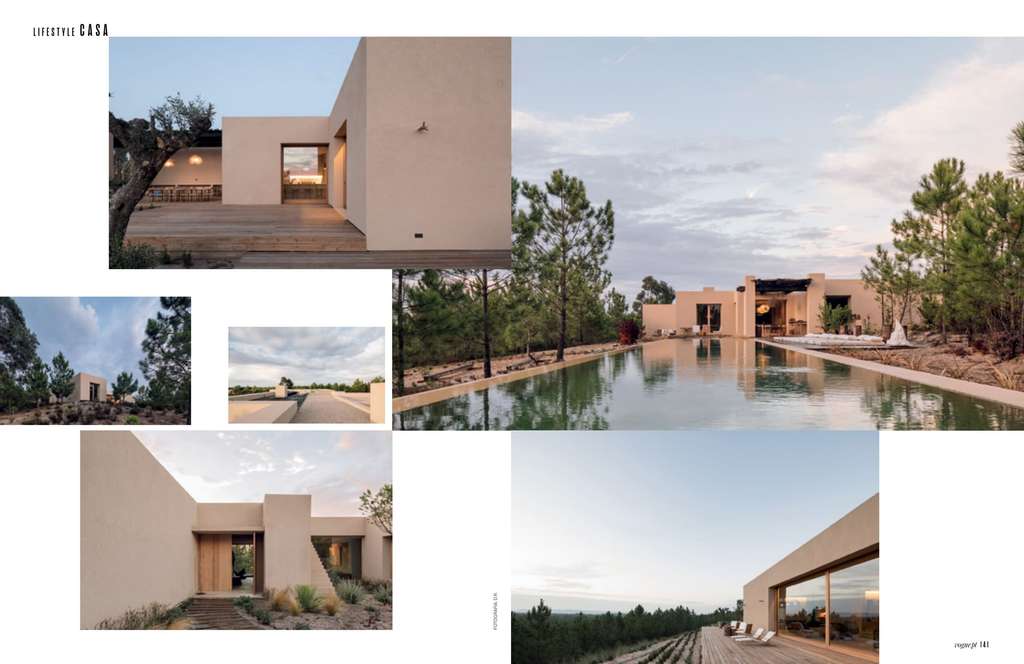 Vogue Portugal article spread with a pool, courtyard walls and collage of house photos