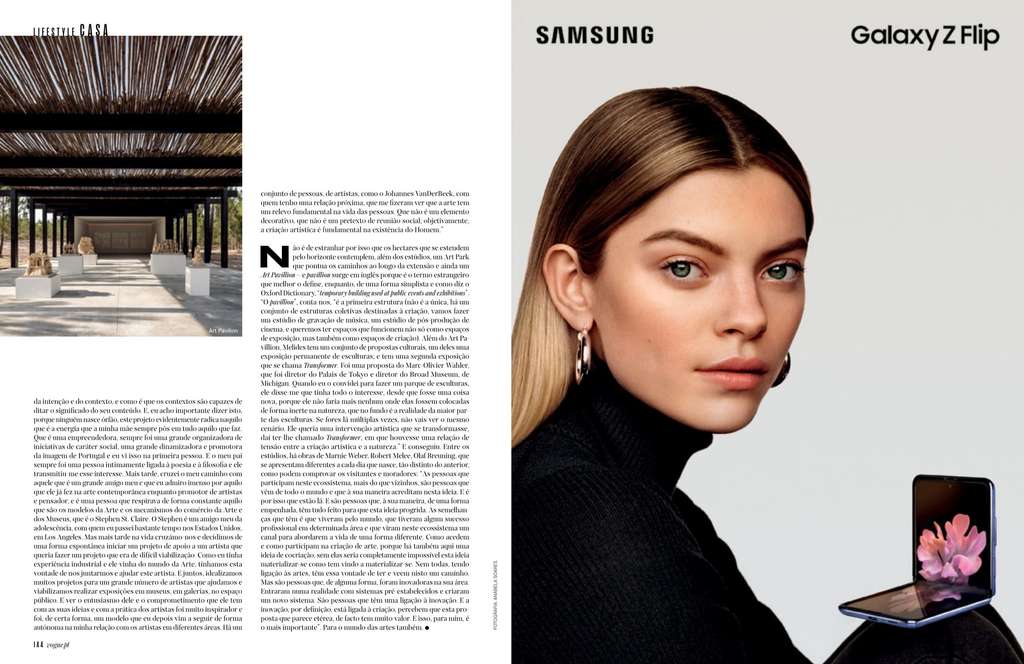 Vogue Portugal article spread with a pergola photo beside a Samsung advertisement
