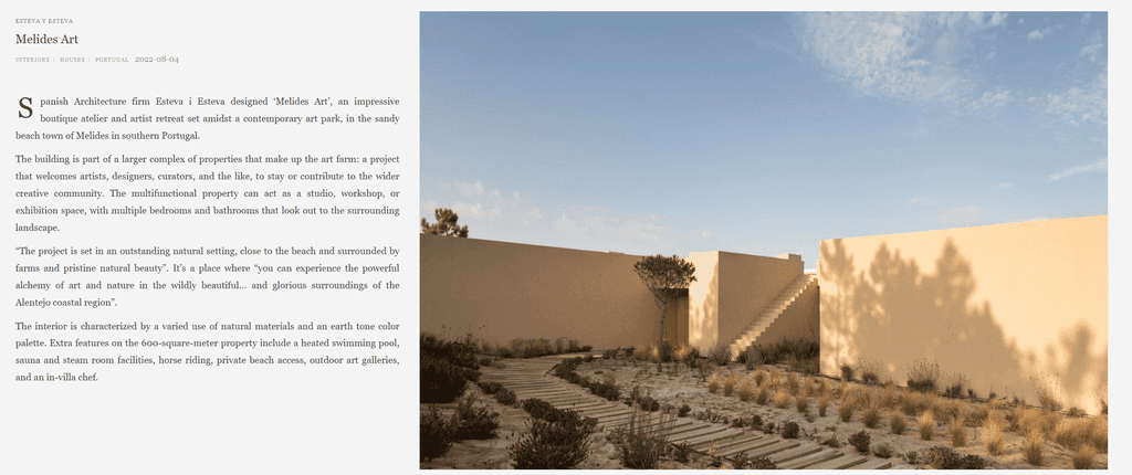 Yinji article page about Melides Art with a walled garden photo