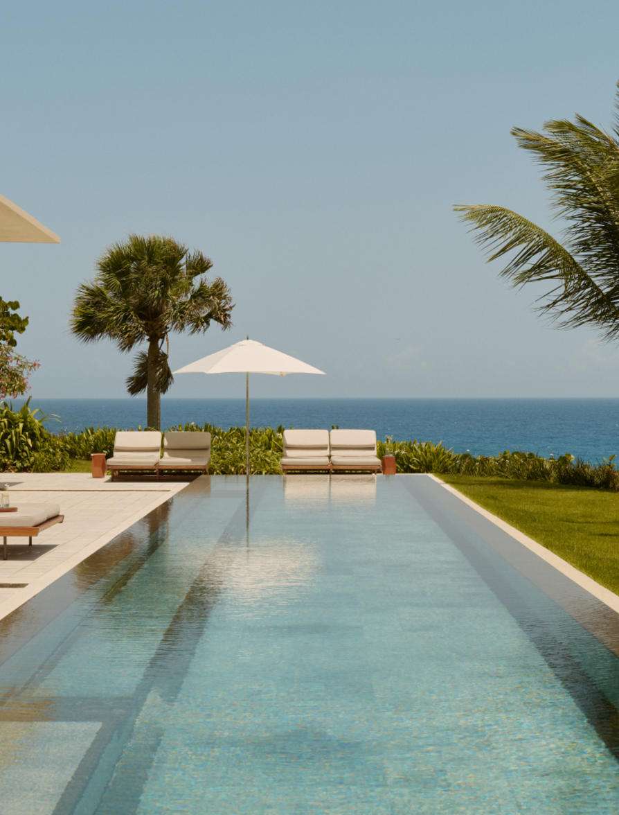 Villa swimming pool with palm trees and sea view