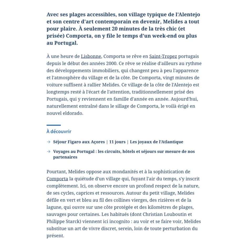 Le Figaro article text page in French about Comporta and Melides