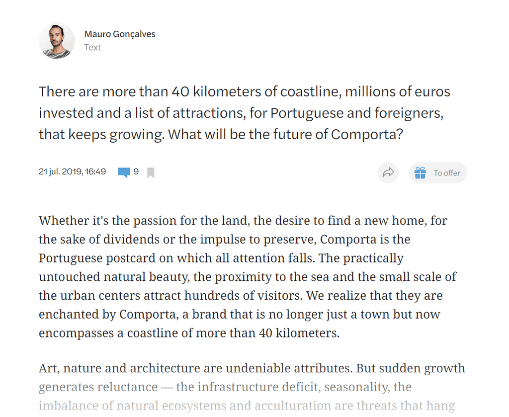 Observador article page by Mauro Goncalves about the future of Comporta